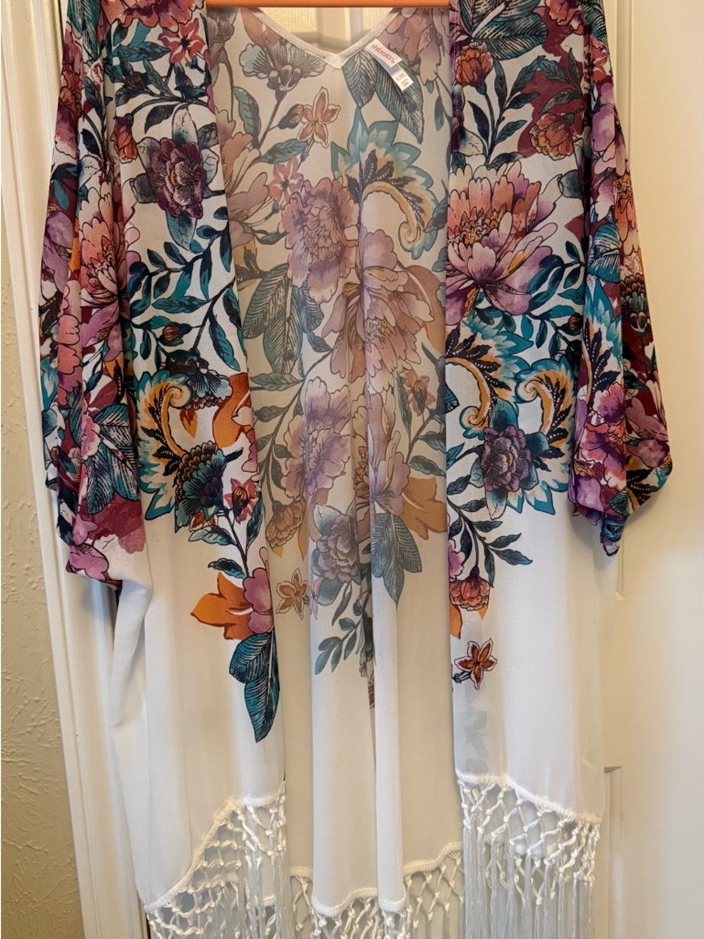 Xhilaration White Floral Sheer Kimono with Fringe